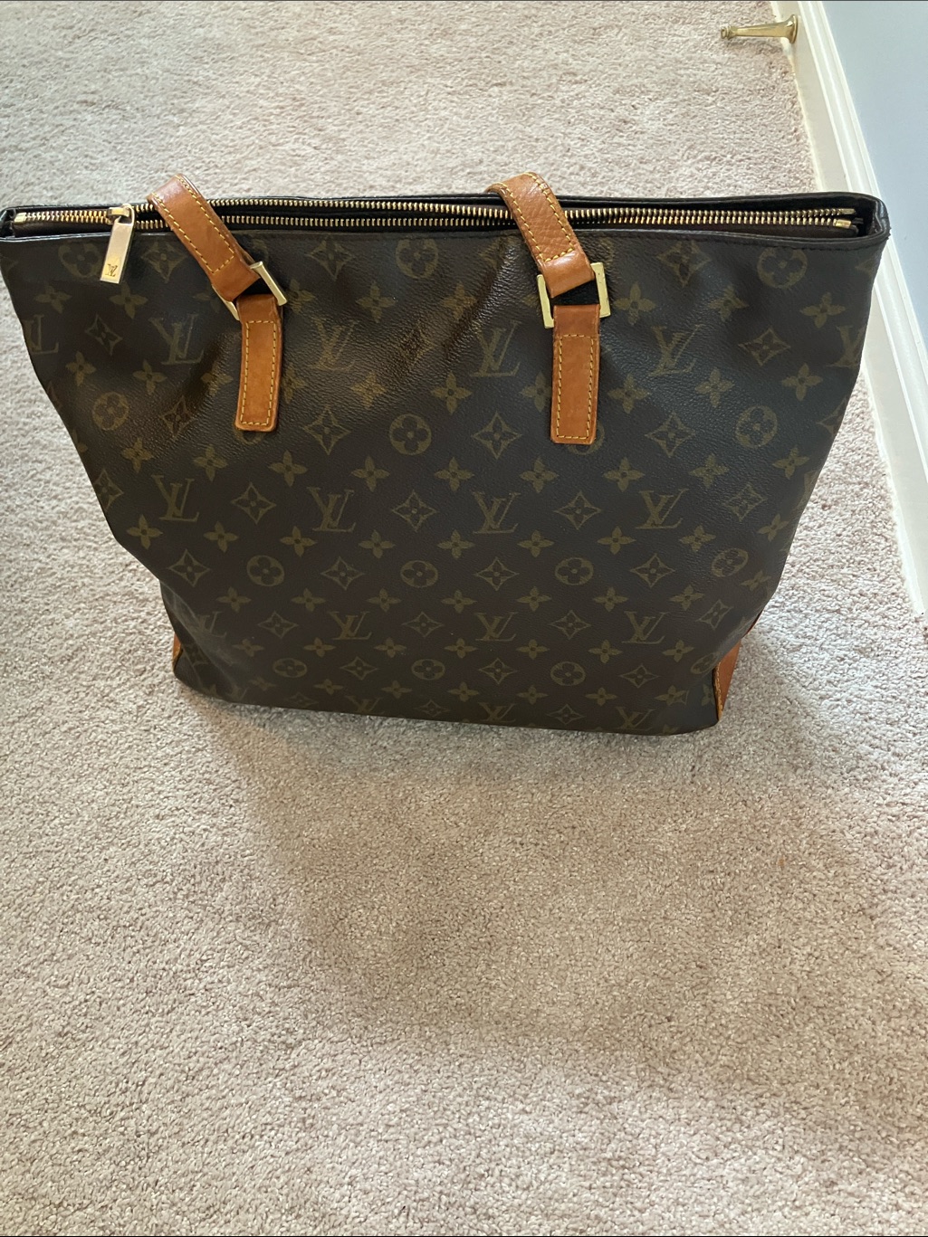Louis Vuitton Monogram Canvas Tote In Dark Brown With Tan Trim
